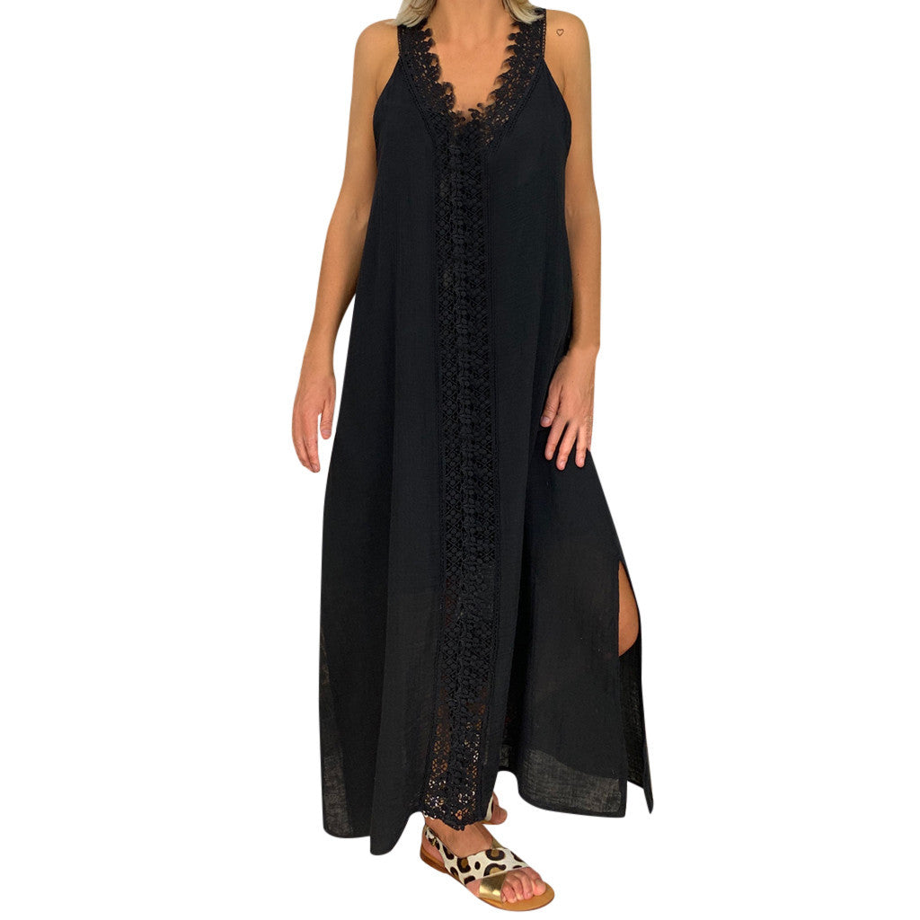 2025 New Summer Women Loose Sleeveless Lace Splice Dress Designer Casual Elegant White Dresses For Women Robe Femmes