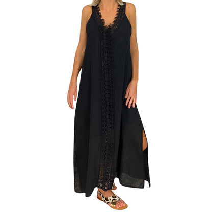 2025 New Summer Women Loose Sleeveless Lace Splice Dress Designer Casual Elegant White Dresses For Women Robe Femmes