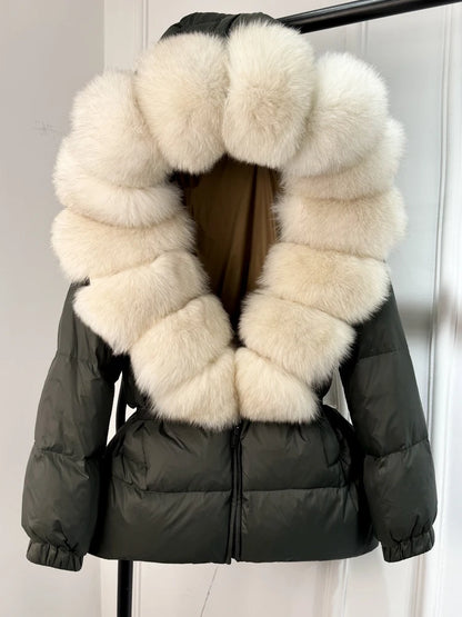 Janveny 2025 Winter Puffer Jacket Women Real Fox Fur Hooded Thick Warm 90% White Duck Down Coat Female Parkas Waterproof