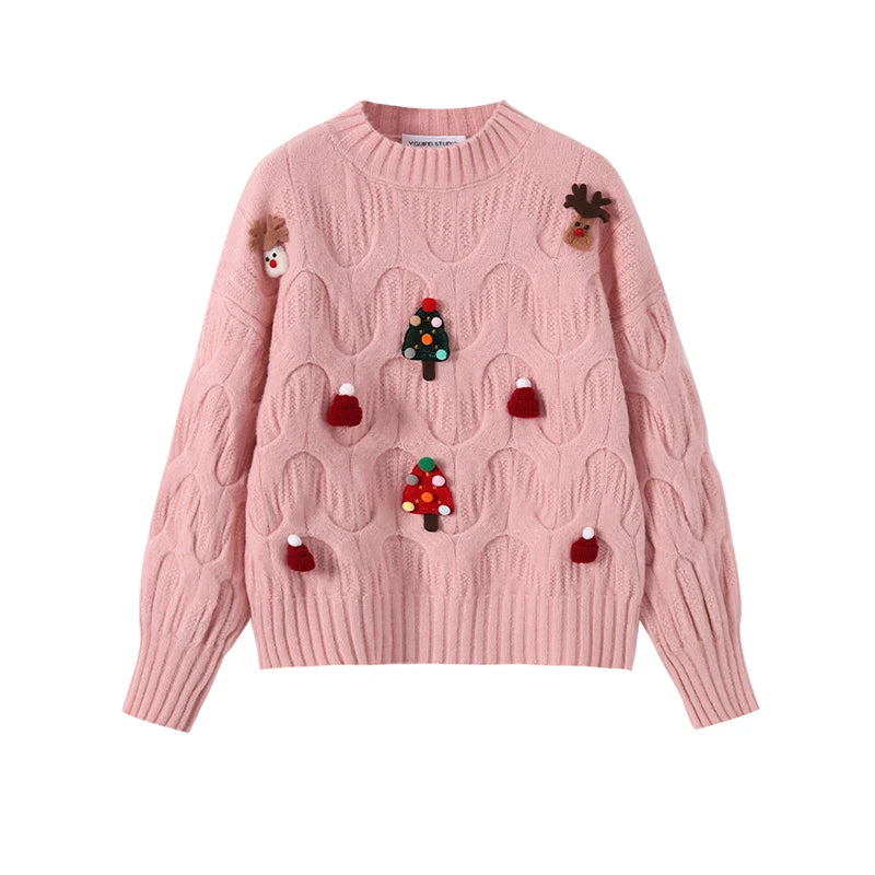 Women Christmas Pullover Knitted Sweater Y2k Fashion Harajuku Korean Vintage O-Neck Long Sleeves Red Sweaters 2000s Clothes 2024