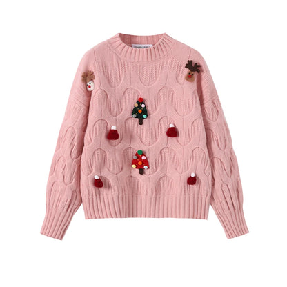 Women Christmas Pullover Knitted Sweater Y2k Fashion Harajuku Korean Vintage O-Neck Long Sleeves Red Sweaters 2000s Clothes 2024