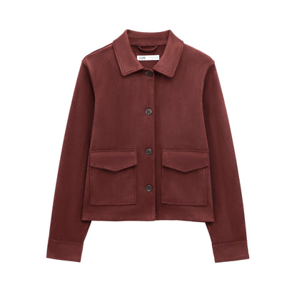 TRAF Women's Suede Texture Jacket 2025 Fashion Long Sleeve Cropped Coats Women Casual New In Outerwear