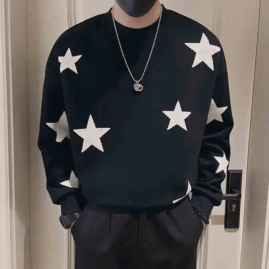 Autumn Harajuku Men Sweatshirts Black Long Sleeved T-shirt Men Clothes Stars Graphic top Crewneck for Men Streetwear 2024