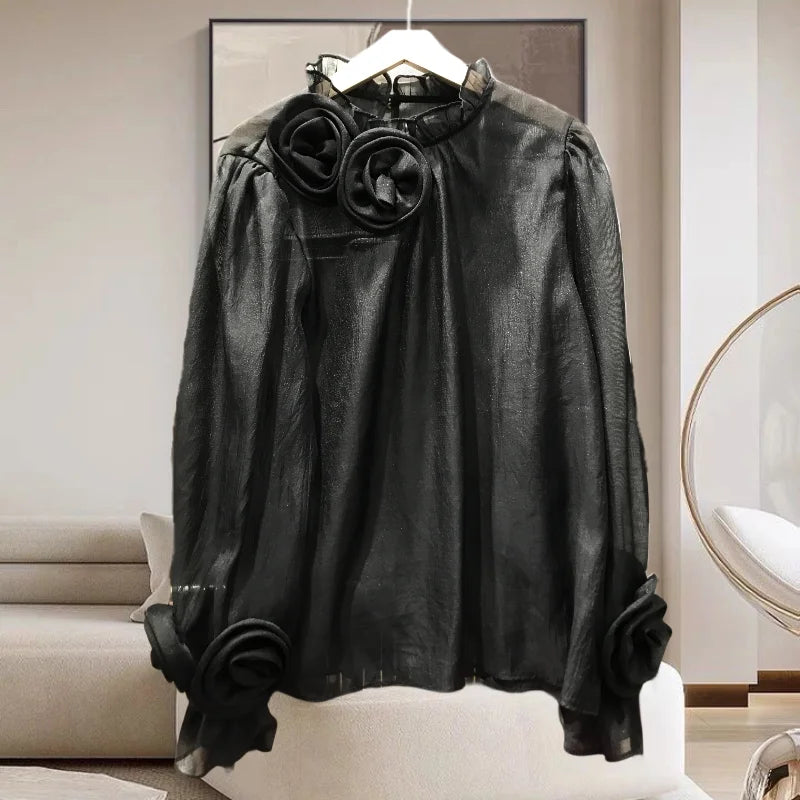 Spring 2024 French Style Shirt Women Three-dimensional Flowers Patchwork Colored Blouse Solid Long Sleeve Women Top 42927