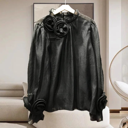 Spring 2024 French Style Shirt Women Three-dimensional Flowers Patchwork Colored Blouse Solid Long Sleeve Women Top 42927