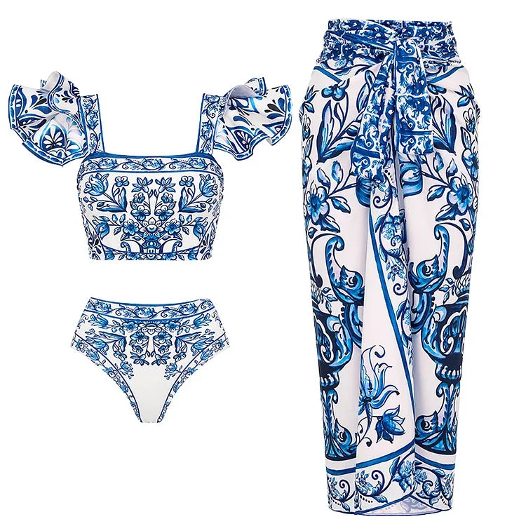 2025 Flaxmaker Vintage Printed Swimsuit and Sarong Swimwear Women Elegant Sleeveless Summer Swimwear Ladies Bathingsuit