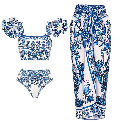 2025 Flaxmaker Vintage Printed Swimsuit and Sarong Swimwear Women Elegant Sleeveless Summer Swimwear Ladies Bathingsuit