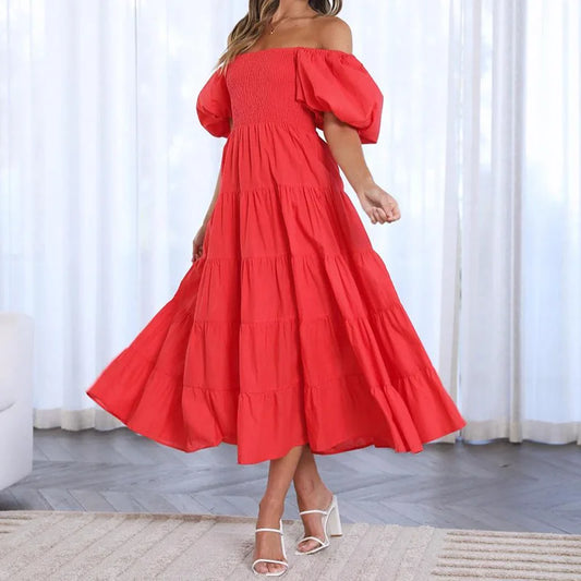 Women Off Shoulder Long Dress Summer Solid Color Short Puff Sleeve Slash Neck A-Line High Waist Mid-Calf Sundress