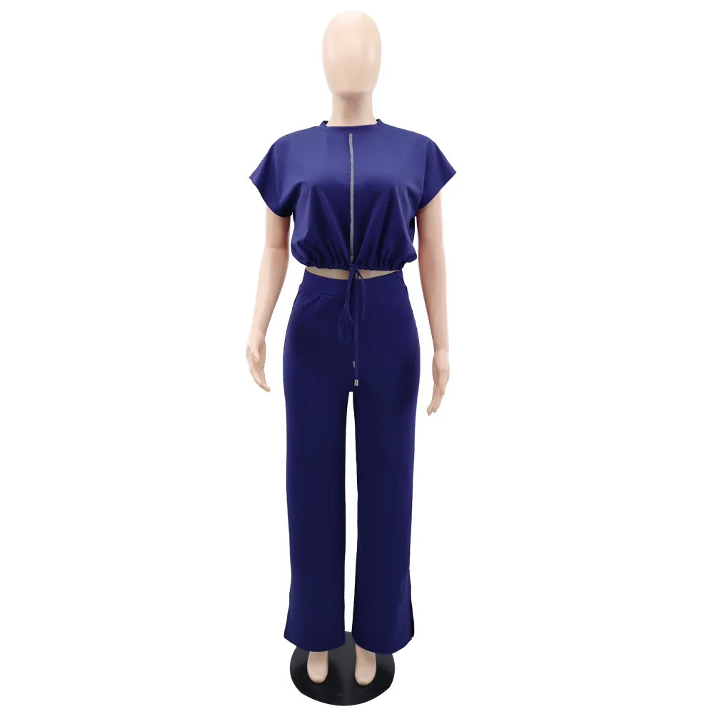Women Short Sleeve Top & High Waist Pants Set