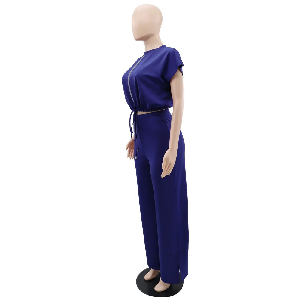 Women Short Sleeve Top & High Waist Pants Set