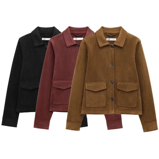 TRAF Women's Suede Texture Jacket 2025 Fashion Long Sleeve Cropped Coats Women Casual New In Outerwear