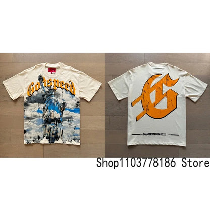 Classic White GOD SPEED T Shirts Letter Logo Seaside Holiday Scenery Print Godspeed Short Sleeve Unisex Tees Tops