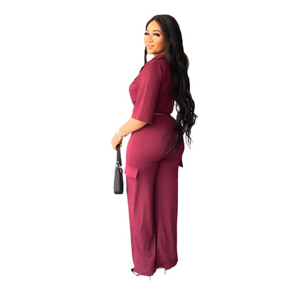 Elegant Office Women Two Piece  Short Shirt + Wide Leg Trousers Set