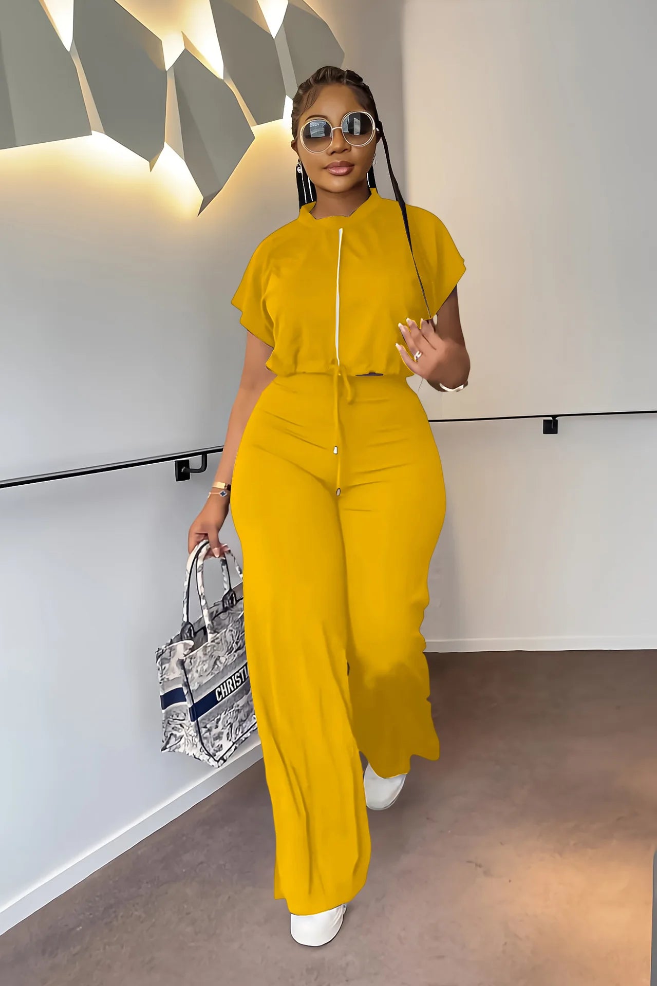 Women Short Sleeve Top & High Waist Pants Set