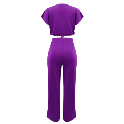 Women Short Sleeve Top & High Waist Pants Set