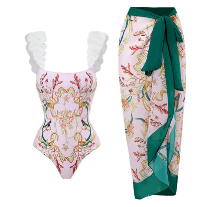 2024 New Sexy Push Up One Piece Swimwear Women Retro Print Biquini Skirt Cover Up Monokini Brazilian Swimming Suit Dress