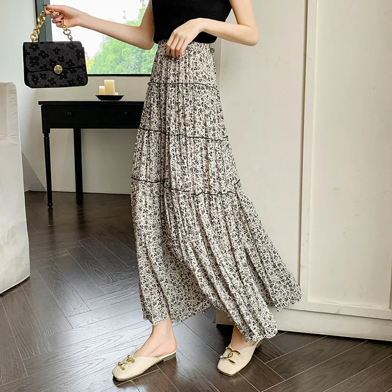 Korean Fashion Women Boho Floral Print Elastic High Waist Pleated A Line Maxi Skirts Summer Holiday Black Apricot Skirts Female