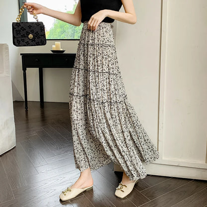 Korean Fashion Women Boho Floral Print Elastic High Waist Pleated A Line Maxi Skirts Summer Holiday Black Apricot Skirts Female