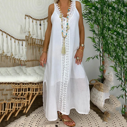 2025 New Summer Women Loose Sleeveless Lace Splice Dress Designer Casual Elegant White Dresses For Women Robe Femmes