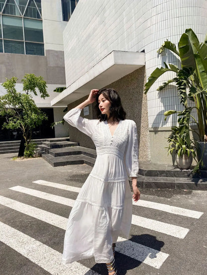 GypsyLady Elegant Vintage Chic Midi Dress Cotton White Boho Autumn Spring Holiday Women Long Sleeve Ladies Dresses Vestidos 2XXL