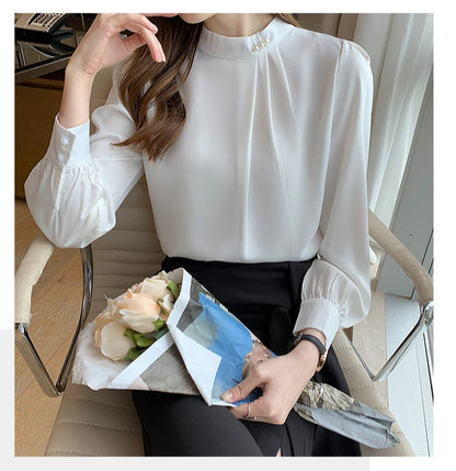 Spring Autumn Satin Women's Blouses 2025 New Long Sleeve Beading Solid Stand Collar Workwear Office Lady Elegant Shirt Female