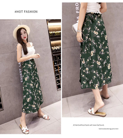 High Waist Long Skirt  Wrap Dress Asymmetrical Hem Chiffon Floral Print Belted Midi Skirt for Short Women Summer Dress