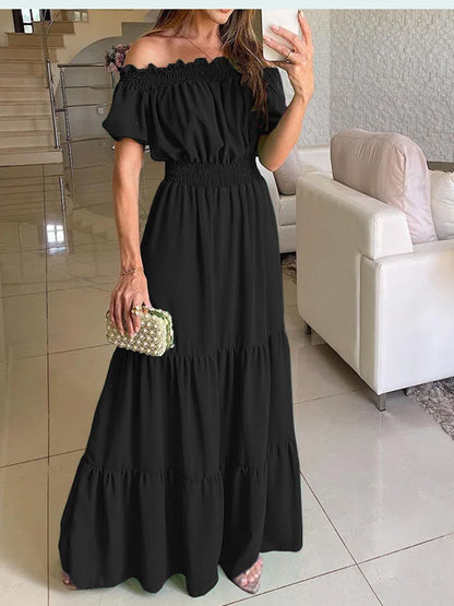 2024 Summer Solid Boho Dress Women Fashion Elegant Beach Party Dress Casual Slash Neck Office Maxi Dresses For Woman Robe Femme