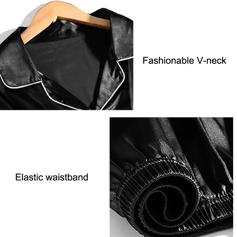 Men's Satin Pajama Set Linter Lapel Collar Long Sleeve Tops & Pants Sleepwear Button Down Loungewear Autumn Pyjama For Man