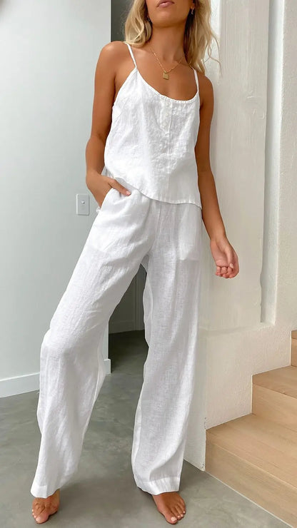 Cotton Linen Women's Suit Slip Vest Wide-leg Pants Suits Female Fashion Casual 2 Piece Sets Home Casual Clothes Ladies Sets 2025