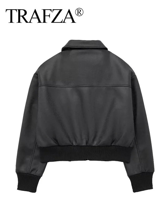 TRAFZA Winter Short Coats Woman Trendy Black Turn-Down Collar Long Sleeves Pockets Zipper Female High Street Thick Jackets