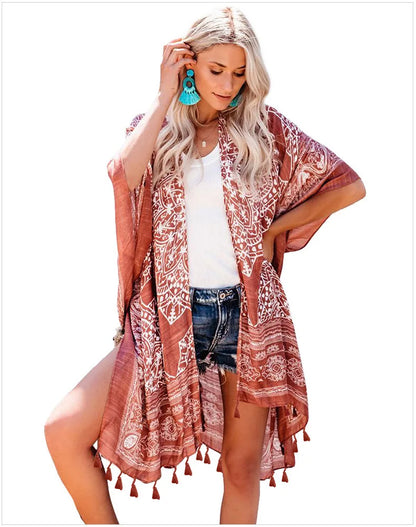 European and American seaside vacation print tassel cover up casual medium length loose beach dress for women