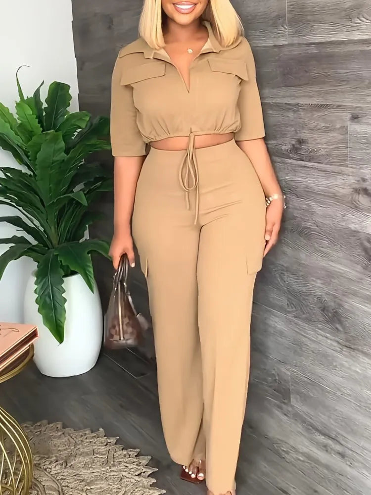 Elegant Office Women Two Piece  Short Shirt + Wide Leg Trousers Set