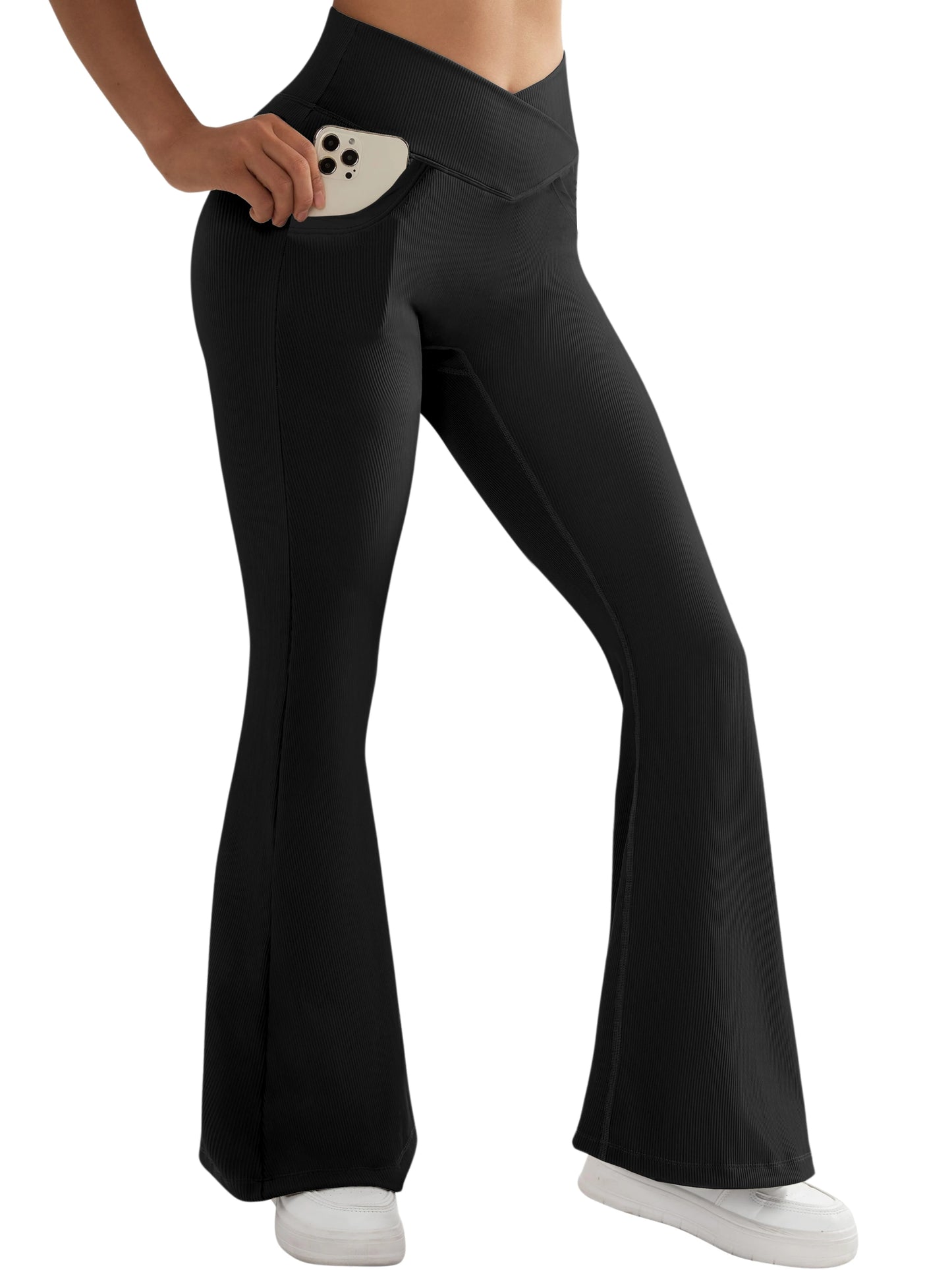 2 Pockets High Waist Stretch Slim Women Flared Leggings Solid Elegant Versatile Tights Woman Street Casual Yoga Fitness Sports