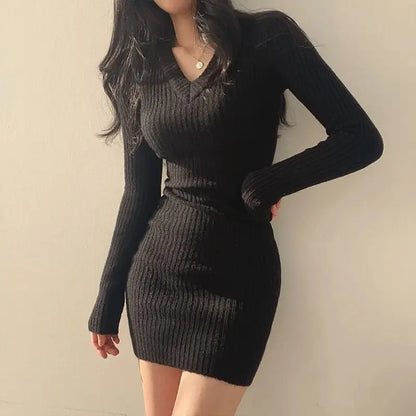 Women Knit Slim Sexy Bodycon Dress V-Neck Long Sleeve Casual Midi Sweater