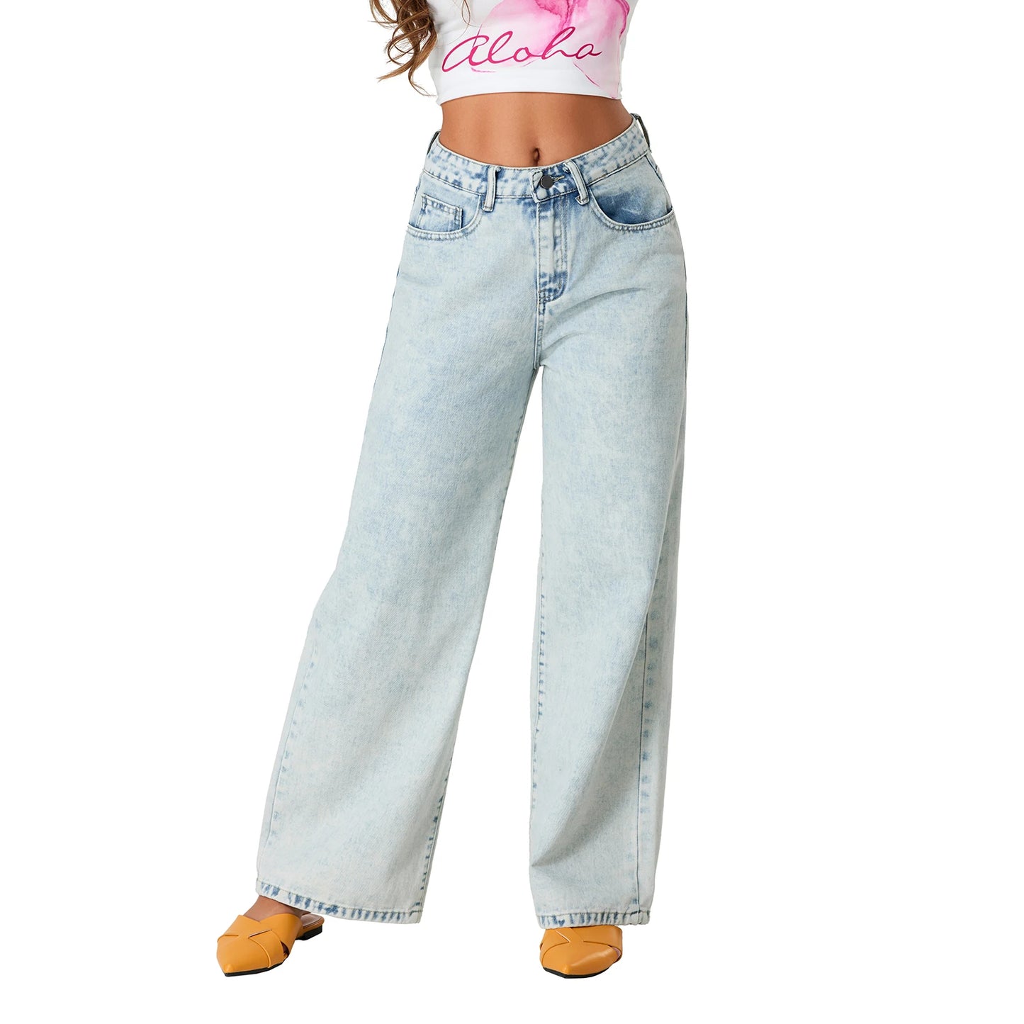 Simple Stylish Low Waist Casual Wide Leg Pants Women Spring Summer Solid Color Jeans with Pockets Streetwear