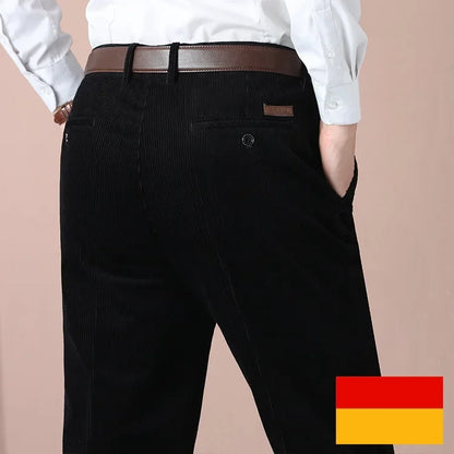 Men's Corduroy Pant Autumn Thick Straight Fit Flat-Front Casual Chino Pants Black Casual Trousers Male