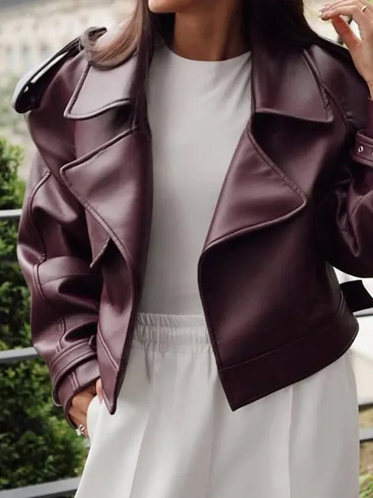 Brown Lapel Leather Bomber Jacket Women's Fashion Full Sleeve Zipper Pocket Lace Up Belt Coat 2025 Autumn High Street Outerwear