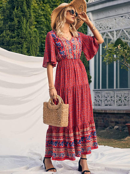 Boho Retro Printed Long Beach Dress Summer Women Flare Short Sleeve V Neck Summer A-Line Dress 2022 Party Elegant Dress