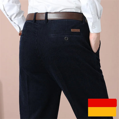Men's Corduroy Pant Autumn Thick Straight Fit Flat-Front Casual Chino Pants Black Casual Trousers Male