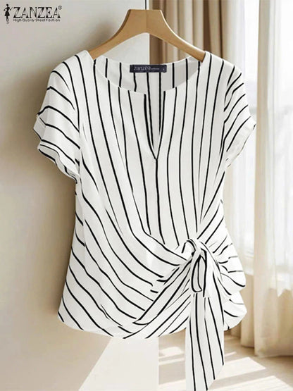 ZANZEA Women Fashion Tie-Front Striped Blouses 2025 Summer Stylish V-Neck Short Sleeve Tops Elegant Casual Commute Blusas Mujer