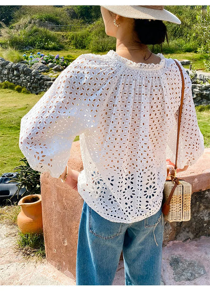 2025 Spring New Women's French White Shirt Splicing Lace Embroidery Design Ladies Shirt Long Sleeve Casual Holiday Beach Tops