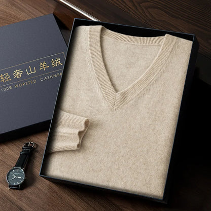 100% Cashmere Sweater 2023 Autumn Winter Classic V-neck Knitted Pullovers Men Business Casual Warm Jumper Jersey Pull Homme