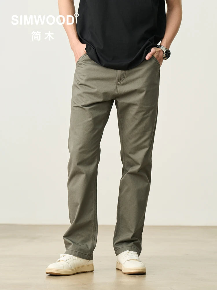 SIMWOOD 2025 Spring Summer New Loose Straight 320gsm 100% Cotton Fabric Chinos Pants Men Smart Casual Trousers