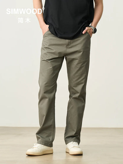 SIMWOOD 2025 Spring Summer New Loose Straight 320gsm 100% Cotton Fabric Chinos Pants Men Smart Casual Trousers