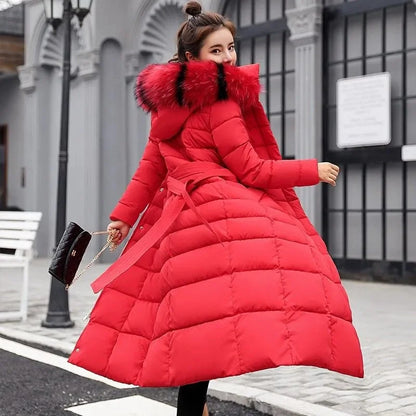 Women Parkas Fur Collar Hooded Cotton Padded Long Coat  Jackets