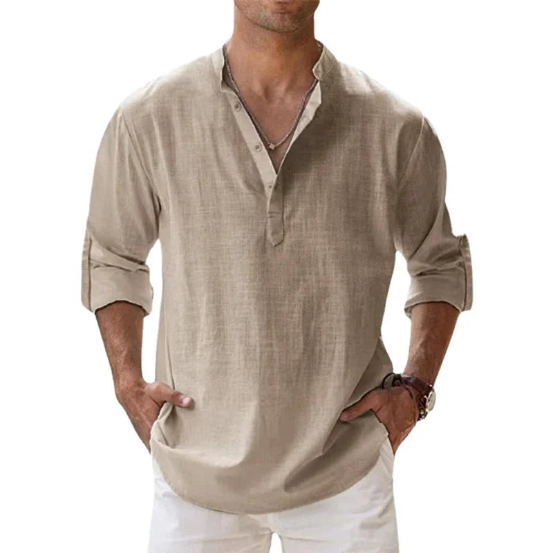 Men Cotton Linen Long Sleeve Casual Lightweight Henley Beach Hawaiian Shirt