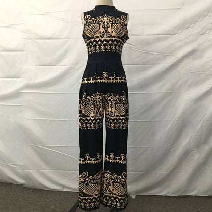 Elegant Women Wide Leg Long Printed Sleeveless Jumpsuits Trouser