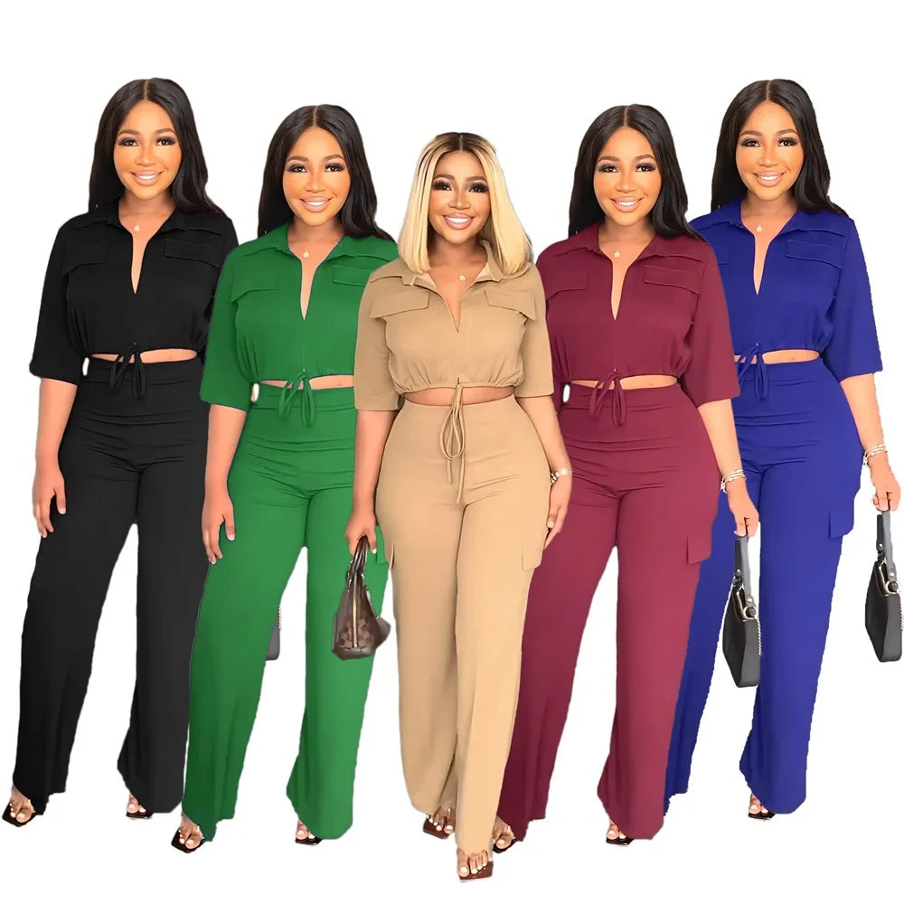 Elegant Office Women Two Piece  Short Shirt + Wide Leg Trousers Set