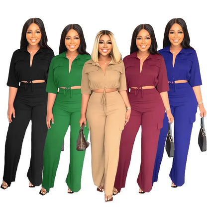 Elegant Office Women Two Piece  Short Shirt + Wide Leg Trousers Set