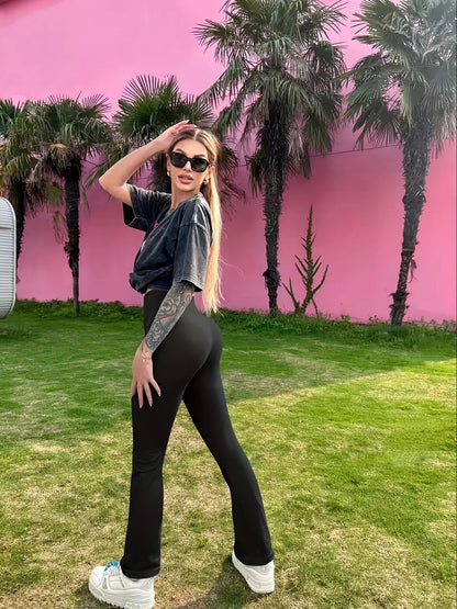 1 solid color high waisted bell bottom pants, sports yoga pants, spring and summer running and fitness bell bottom pants